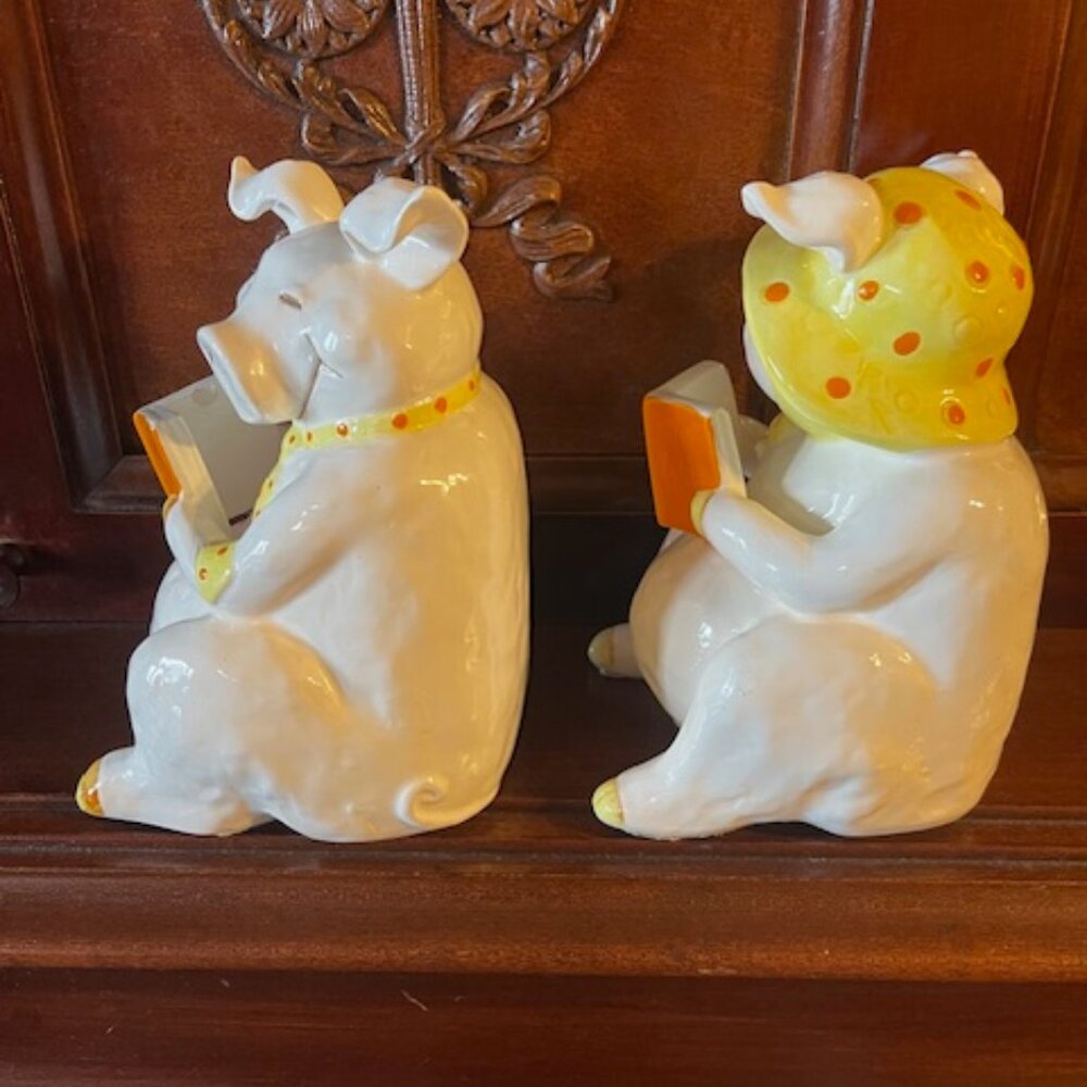 Vintage Fitz and Floyd Ceramic Pigs Bookends “Who's Afraid Of The Big Bad Wolf?" - Picture 5 of 7